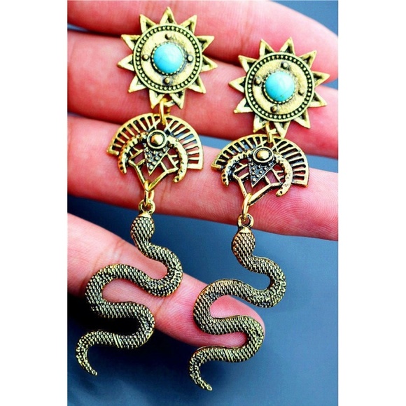 Gold Turquoise Sun Egyptian Snake Earrings NWT - Picture 2 of 2